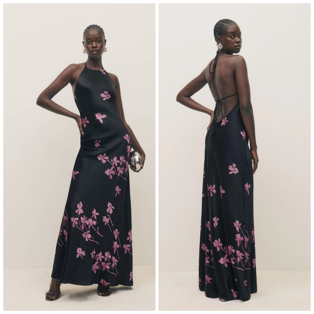 Reformation Black Silk Floral Halter Maxi Dress Bias Cut Gown Size XS NWT​